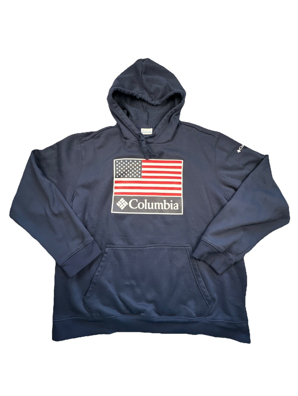 Columbia Navy Blue Pullover Hoodie Mens XL Pockets USA Logo Drawstring Fleece
